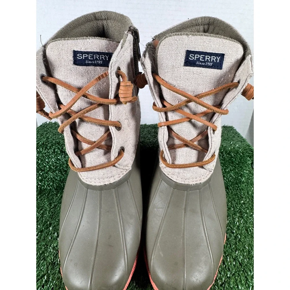 Sperry‎ Saltwater Duck Boots Womens 8.5 Olive Green Beige Canvas Coral STS95346